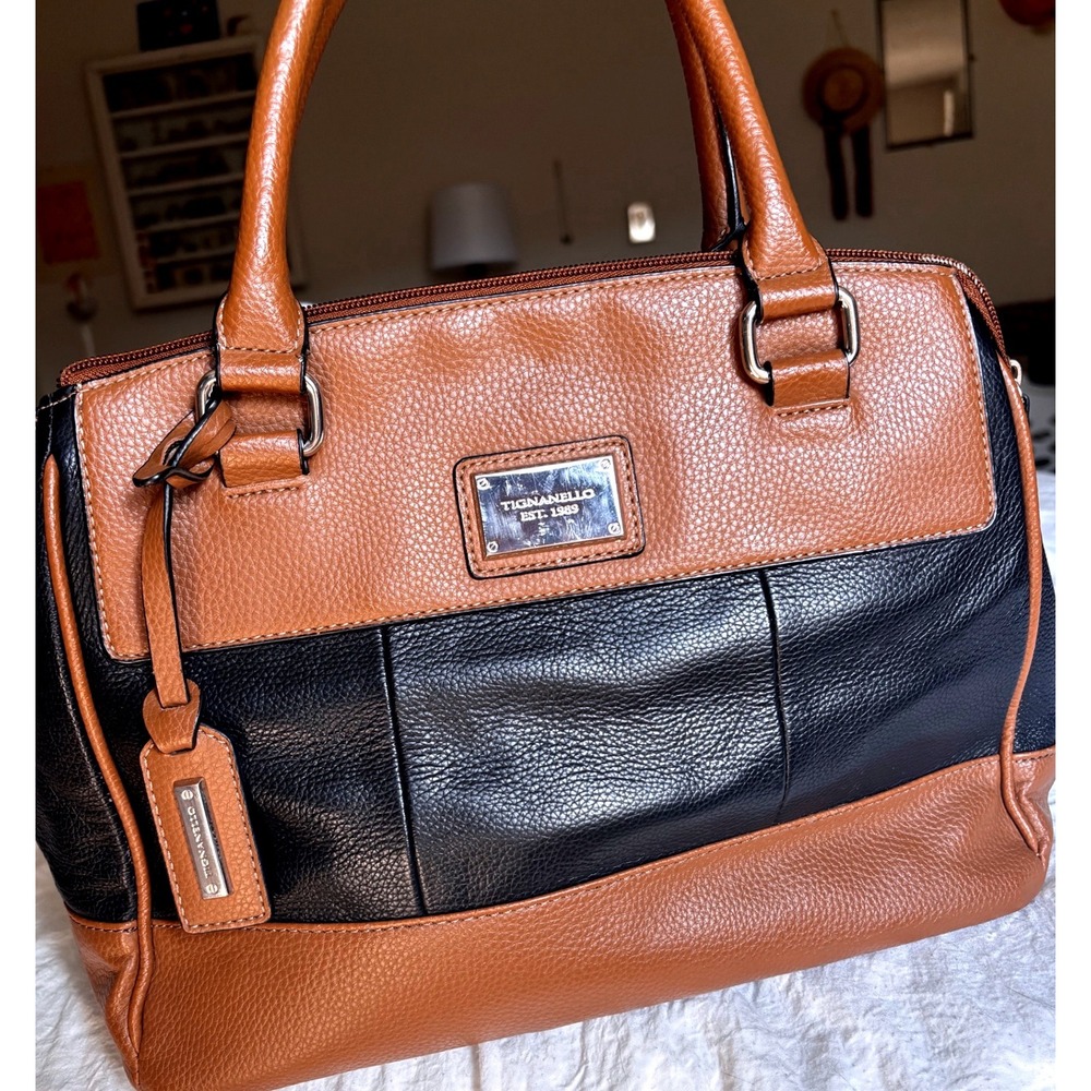 Tignanello Pebbled Leather Satchel Bag Black Brown Two Tone Striped Lining